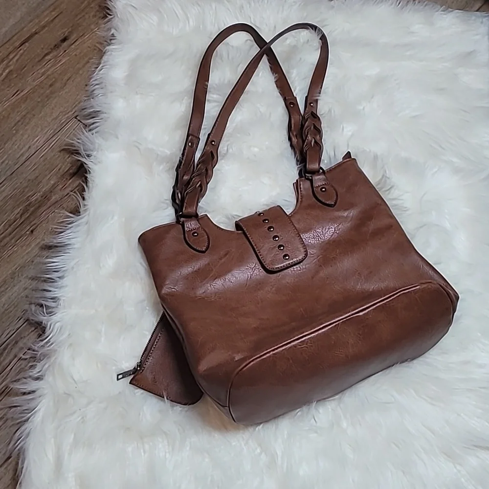 Sam & Hadley Brown Vegan Leather Boho Shoulder Bag Tote Purse